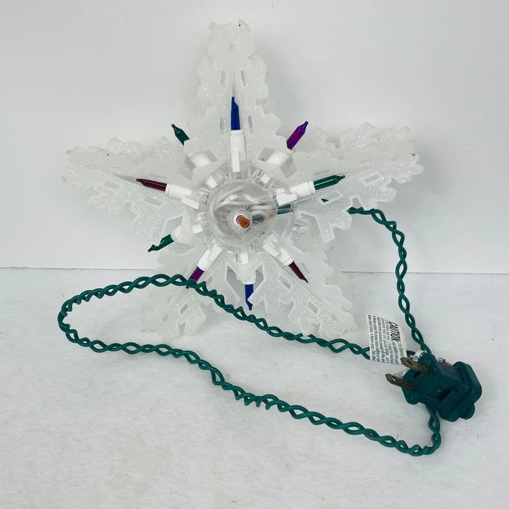 Glittery White Snowflake Christmas Tree Topper Multi-Color Lights 8.5 Inch Star